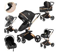 Prokoke Cuir PU Poussette 3 en 1, Poussette Bebe avec Siège Réglable Rotation à 360°, Pousette 3 en 1 avec Alliage d'aluminium à Cadre, Poussette Canne avec Conception Pliable en Un Clic (906 Black)