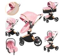 Prokoke Cuir PU Poussette 3 en 1, Poussette Bebe avec Siège Réglable Rotation à 360°, Poussette Combinée avec Conception Pliable en Un Clic, Poussette Citadine Alliage d'aluminium à Cadre (906 Pink)