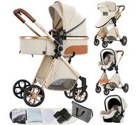 Prokoke Poussette 3 en 1, Poussette avec Réversible Deux Façons de Pousser, Pousette 3 en 1 avec Alliage d'aluminium à Cadre, Poussette Canne avec Conception Pliable en Un Clic (225 Creamy White)