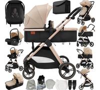 Prokoke Poussette 3 en 1, Poussette avec Réversible Deux Façons de Pousser, Pousette 3 en 1 avec Alliage d'aluminium à Cadre, Pousette Canne avec Conception Pliable en Un Clic (V10 Beige)