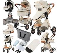 Prokoke Poussette 3 en 1, Poussette avec Réversible Deux Façons de Pousser, Pousette 3 en 1 avec Alliage d'aluminium à Cadre, Poussette Canne avec Conception Pliable en Un Clic (225 Creamy White)