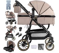 Prokoke Poussette 3 en 1, Poussette Bebe avec Conception Pliable en Un Clic, Pousette Combinée Réversible Deux Façons de Pousser, Pousette Citadine Alliage d'aluminium à Cadre (V8 Khaki)