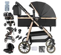 Prokoke Poussette 3 en 1, Poussette Bebe avec Conception Pliable en Un Clic, Pousette Combinée Réversible Deux Façons de Pousser, Pousette Citadine Alliage d'aluminium à Cadre (V8 Black Gold)
