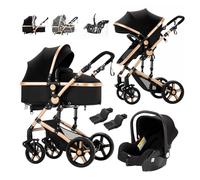 Prokoke Poussette 3 en 1, Poussette Bebe avec Conception Pliable en Un Clic, Poussette Combinée Réversible Deux Façons de Pousser, Poussette Citadine Alliage d'aluminium à Cadre (black gold 588)