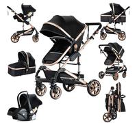 Prokoke Poussette 3 en 1, Poussette Bebe avec Conception Pliable en Un Clic, Poussette Combinée Réversible Deux Façons de Pousser, Poussette Citadine Alliage d'aluminium à Cadre (739 Black Gold)