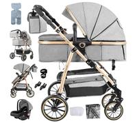 Prokoke Poussette Trio, poussette 3 en 1 avec design pliable en un clic, Trio Poussettes bébé deux façons réversibles pour pousser, Tris avec alliage d'aluminium à cadre (V8 Gray)