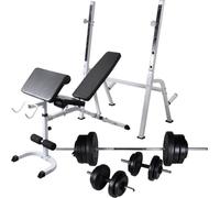 Prolenta Premium - Banc de musculation avec support, ensemble d'haltères longues et courtes 60,5 kg