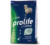 Prolife Chien adulte Lifestyle Light moyen/large, morue et riz, aliment sec complet pour chiens adultes en surpoids de taille moyenne et grande, lot de 12 kg.