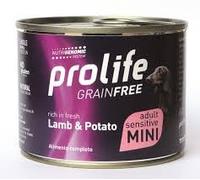 Prolife Humide Chien Adult Mini Sensitive Grainfree 200 g Aliment complet sans céréales pour chiens Adultes de petite taille, goût agneau et pommes de terre | 6 boîtes de 200 grammes