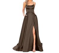 Prom Dresses for Women 2026 Causal Satin Spaghetti Strap Split Wedding Formal Evening Maxi Dress Fashion Elegant Ladies Pleated Swing Dresses Evening Beach Dress with Pockets