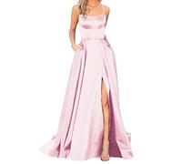Prom Dresses for Women 2026 Causal Satin Spaghetti Strap Split Wedding Formal Evening Maxi Dress Fashion Elegant Ladies Pleated Swing Dresses Evening Beach Dress with Pockets