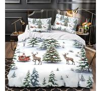 Promenade en traîneau du Père Noël Impression 3D 3 pièces housse de couette scène de forêt de Noël housse de courtepointe microfibre doux respirant pour bébés filles femmes Single（140x200cm）