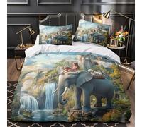 promenade fantastique à dos d'éléphant 3D Imprimé Housse de couette 3 pièces Microfibre entretien facile scène fantastique magique Drap de couette 2 taies déco chambre enfant Double（200x200cm）