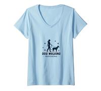 Promeneur de Chien Professionnel : Logo du Service de Soins pour Animaux T-Shirt avec Col en V, Femme, Bleu Céleste, XL
