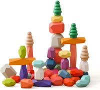Promise Babe Balance Block Natural Wood Stacking Toy Wooden Stacking Stone Set Rock Blocks Educational Toys Color For Kids (48pcs Set) 3+