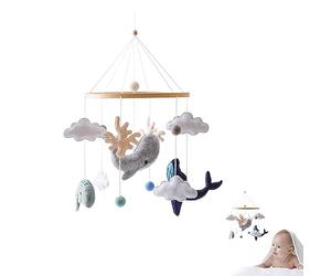 Promise Babe Mobile Animaux de Mer avec Boules de Feutre Chambre Bébé Animaux Dauphins Baleines Bois Crocheté Mobile Nouveau-né Garçon Fille Nuages Cloche de Lit Pendentif Lit Bébé Table