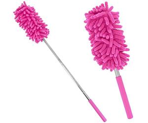 Promobo - Plumeau Chenille Télescopique Microfibre Rotatif Anti Poussière Rose
