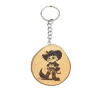 Promotech Porte-clés en bois - Gravure au laser Puss in Boots - Porte-clés fait à la main avec motif de conte de fées - Accessoire unique en bois