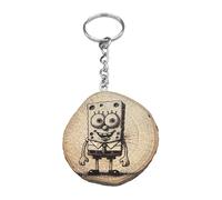 Promotech S-Bob Squarepants Figurine de dessin animé Fait à la main Gravé au laser Pièce unique Porte-clés en bois, Bois naturel, W5L5