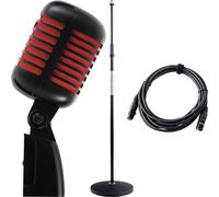 Pronomic DM-66BK/RD Microphone Dynamique Set - Vintage pour Chant Micro Vocal Classique rétro - Set économique Comprenant Un Pied de Micro et Un câble XLR - Noir/Rouge