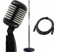 Pronomic DM-66BK/WH Microphone Dynamique Set - Vintage pour Chant Micro Vocal Classique rétro - Set économique Comprenant Un Pied de Micro et Un câble XLR - Noir/Blanc
