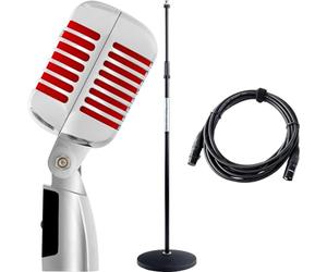 Pronomic DM-66R Microphone Dynamique Set - Vintage pour Chant Micro Vocal Classique rétro - Set économique Comprenant Un Pied de Micro et Un câble XLR - Argent/Rouge