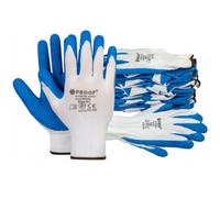 PROOF COMFORT & SAFETY - Gants en polyester BLUEWORK avec revêtement en latex rugueux en blanc et bleu, 12 paires en taille 9, Gants de protection, Gants de travail pour mécaniciens