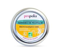 PROPOLIA - Bio - Gommes de Propolis, Miel & Eucalyptus - Apaise la gorge, dégage le nez et rafraîchit l’haleine - Complément alimentaire - 100% naturel - Sans sucre - Fabriqué en France - 45 g