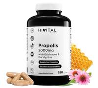 Propolis 2000 mg. 180 capsules pour 6 mois de traitement. Extraits de Propolis avec 10% de Galangine, d'Echinacée avec 4% de Polyphénols et d'Eucalyptus. Fabriqué en Europe par HIVITAL