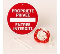 Propriété privée entrée interdite disque prépercé + chaine plastique rouge/blanc + collier de serrage - Panneau rond signalisation