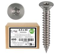 PRORAJE Vis à bois INOX A2 : 4,5 x 40 mm | Tête fraisée empreinte TORX (TX) | Acier inoxydable A2 (V2A / AISI 304) | construction/aggloméré/terrasse/etc : LOT DE 600 Pcs