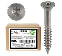 PRORAJE Vis à bois INOX A2 : 4 x 45 mm (filetage 30mm) | Tête fraisée empreinte TORX (TX) | Acier inoxydable A2 (V2A / AISI 304) | construction/aggloméré/terrasse/etc : LOT DE 1000 Pcs