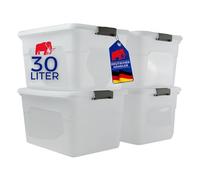 PROREGAL Boîte de rangement avec couvercle 30L en lot de 4, petite, en plastique transparente empilable, clips de fermeture, conteneur de stockage pour la cuisine et le ménage