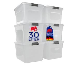 PROREGAL Boîte de rangement avec couvercle 30L en lot de 6, petite, en plastique transparente empilable, clips de fermeture, conteneur de stockage pour la cuisine et le ménage