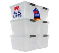 PROREGAL Boîte de rangement avec couvercle 45L en lot de 6, grande, roulettes, en plastique transparente empilable, clips de fermeture, conteneur de stockage pour la cuisine et le ménage