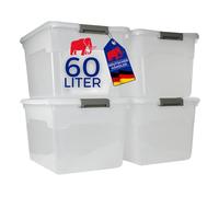 PROREGAL Boîte de rangement avec couvercle 60L en lot de 4, extra large, roulettes, en plastique transparente empilable, clips de fermeture, conteneur de stockage pour la cuisine et le ménage