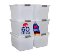 PROREGAL Boîte de rangement avec couvercle 60L en lot de 6, extra large, roulettes, en plastique transparente empilable, clips de fermeture, conteneur de stockage pour la cuisine et le ménage