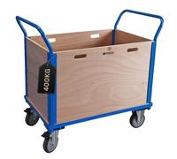 PROREGAL Chariot de manutention Professionnel avec ridelles Amovibles en Bois | HxLxP 102x113x60 cm | Charge maximale 400 kg | 2 roulettes pivotantes avec Freins et 2 roulettes Fixes | Bleu