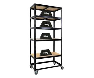 PROREGAL Chariot de préparation de Commandes BÜFFEL, Étagère Mobile 192x90x50cm, 5 Niveaux, Charge par étagère 50kg, 2 roulettes pivotantes & 2 roulettes pivotantes avec Frein, Noir