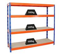 PROREGAL Étagère Charge Lourde Rhino | HxLxP 180x200x60cm | 4 Niveaux en aggloméré 8mm | 500kg par Niveau | Bleu/Orange | Étagère de Garage étagère de Rangement Stockage rayonnage