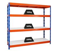 PROREGAL Étagère Charge Lourde Rhino | HxLxP 180x200x60cm | 4 Niveaux en mélamine 16mm | 500kg par Niveau | Bleu/Orange | Étagère de Garage étagère de Rangement Stockage rayonnage