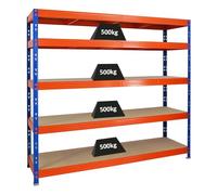 PROREGAL Étagère Charge Lourde Rhino | HxLxP 180x200x60cm | 5 Niveaux en aggloméré 8mm | 500kg par Niveau | Bleu/Orange | Étagère de Garage étagère de Rangement Stockage rayonnage