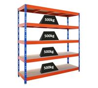 PROREGAL Étagère Professionnelle Robuste Rhino | HxLxP 200x200x60 cm | 5 Niveaux en aggloméré de 8 mm | Charge maximale 500 kg | Bleu/Orange | Étagère de Garage, étagère de Rangement