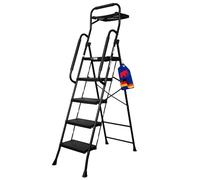 PROREGAL Profi-Escabeau Pliant avec Arceau Manuel et Plateau à Outils 5 marches avec Surface striée HxLxP 182x52x104cm Capacité de Charge 150kg Acier Noir, Marche Pied Pliant