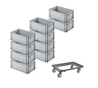PROREGAL SET SUPER ÉCONOMIQUE 10x Bac Euro avec poignée fermée & 1x rouleau de transport Gris | HxLxP 22x40x60cm | 38 litres | Eurobox, boîte industrielle, boîtes de rangement, empilables