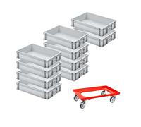 PROREGAL SET SUPER ÉCONOMIQUE 10x Bac Euro avec poignée fermée & 1x rouleau de transport rouge | HxLxP 12x40x60cm | 21 litres | Eurobox, boîte industrielle, boîtes de rangement, empilables