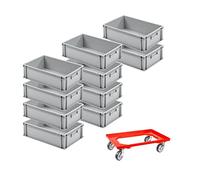 PROREGAL SET SUPER ÉCONOMIQUE 10x Bac Euro avec poignée fermée & 1x rouleau de transport rouge | HxLxP 17,5x40x60cm | 30 litres | Eurobox, boîte industrielle, boîtes de rangement, empilables