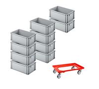 PROREGAL SET SUPER ÉCONOMIQUE 10x Bac Euro avec poignée fermée & 1x rouleau de transport rouge | HxLxP 22x40x60cm | 38 litres | Eurobox, boîte industrielle, boîtes de rangement, empilables