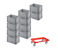 PROREGAL SET SUPER ÉCONOMIQUE 10x Bac Euro avec poignée fermée & 1x rouleau de transport rouge | HxLxP 32x40x60cm | 56 litres | Eurobox, boîte industrielle, boîtes de rangement, empilables