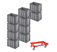 PROREGAL SET SUPER ÉCONOMIQUE 10x Bac Euro avec poignée fermée & 1x rouleau de transport rouge | HxLxP 42x40x60cm | 70 litres | Eurobox, boîte industrielle, boîtes de rangement, empilables